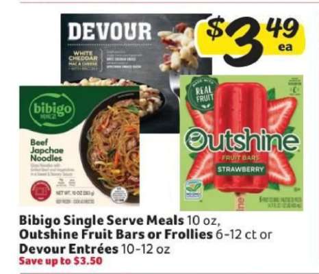 Bibigo Single Serve Meals, Outshine Fruit Bars or Frollies, Devour Entrées