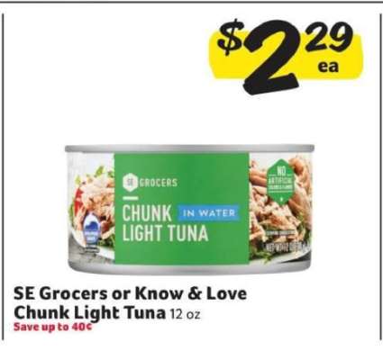 SE Grocers or Know & Love Chunk Light Tuna