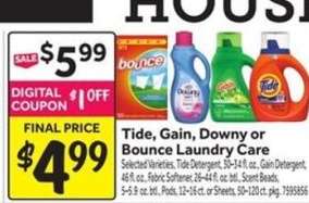 Tide, Gain, Downy or Bounce Laundry Care