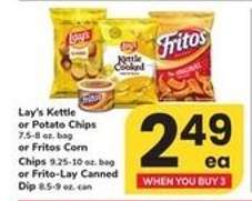 Lay's Kettle or Potato Chips, Fritos Corn Chips, Frito-Lay Canned Dip