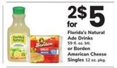 Florida's Natural Ade Drinks or Borden American Cheese Singles