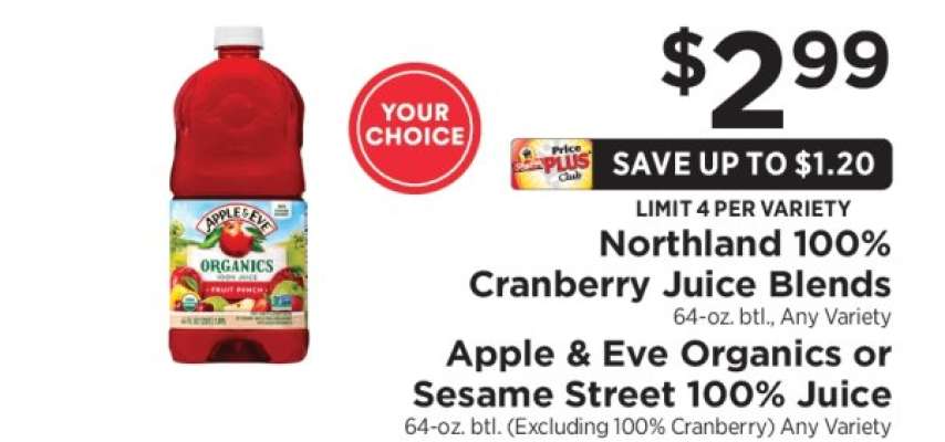 Northland 100% Cranberry Juice Blends / Apple & Eve Organics or Sesame Street 100% Juice