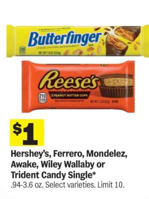 Hershey’s, Ferrero, Mondelez, Awake, Wiley Wallaby or Trident Candy Single