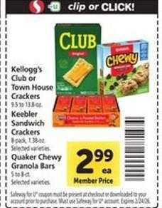 Kellogg's Club or Town House Crackers, Keebler Sandwich Crackers, Quaker Chewy Granola Bars