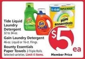 Tide Liquid Laundry Detergent, Gain Laundry Detergent, Bounty Essentials Paper Towels