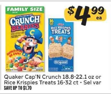 Quaker Cap'N Crunch or Rice Krispies Treats
