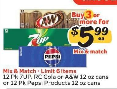 12 Pk 7UP, RC Cola or A&W 12 oz cans or 12 Pk Pepsi Products 12 oz cans