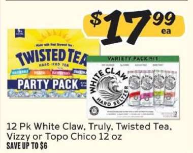 12 Pk White Claw, Truly, Twisted Tea, Vizzy or Topo Chico 12 oz
