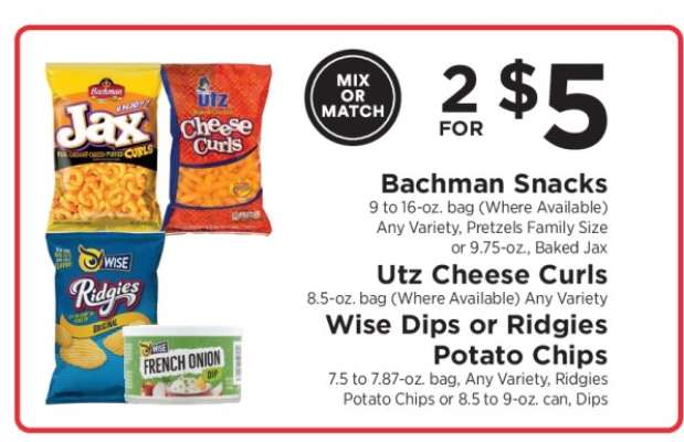 Bachman Snacks, Utz Cheese Curls, Wise Dips or Ridgies Potato Chips