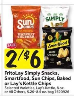 FritoLay Simply Snacks, Smartfood, Sun Chips, Baked or Lay’s Kettle Chips