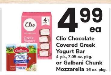 Clio Chocolate Covered Greek Yogurt Bar or Galbani Chunk Mozzarella