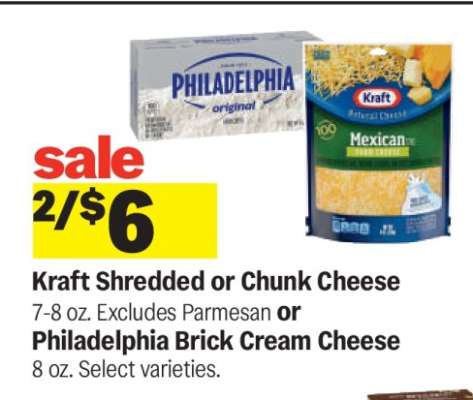 Kraft Shredded or Chunk Cheese or Philadelphia Brick Cream Cheese