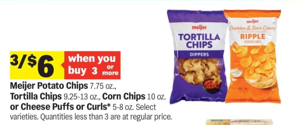 Meijer Potato Chips, Tortilla Chips, Corn Chips, Cheese Puffs or Curls