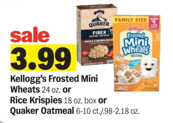 Kellogg’s Frosted Mini Wheats, Rice Krispies or Quaker Oatmeal