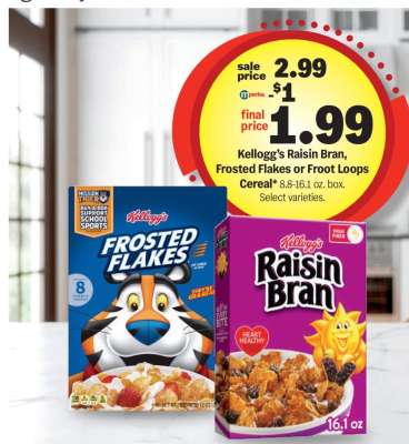 Kellogg’s Raisin Bran, Frosted Flakes or Froot Loops