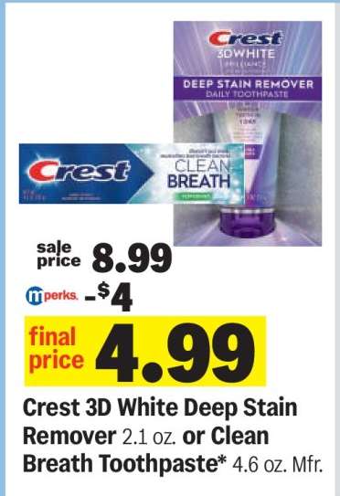 Crest 3D White Deep Stain Remover or Clean Breath Toothpaste