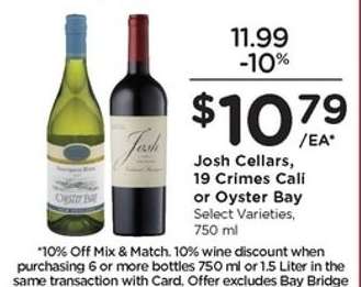 Josh Cellars, 19 Crimes Cali or Oyster Bay