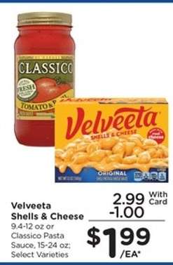 Velveeta Shells & Cheese or Classico Pasta Sauce