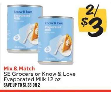 SE Grocers or Know & Love Evaporated Milk 12 oz