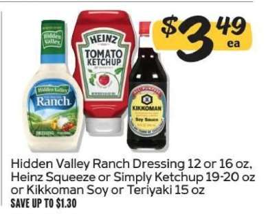 Hidden Valley Ranch Dressing, Heinz Ketchup, Kikkoman Soy or Teriyaki