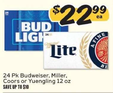 24 Pk Budweiser, Miller, Coors or Yuengling