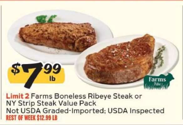 Farms Boneless Ribeye Steak or NY Strip Steak Value Pack