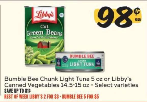 Bumble Bee Chunk Light Tuna or Libby's Canned Vegetables