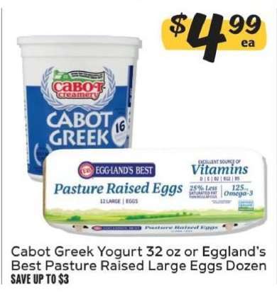 Cabot Greek Yogurt 32 oz or Eggland's Best Pasture Raised Large Eggs Dozen