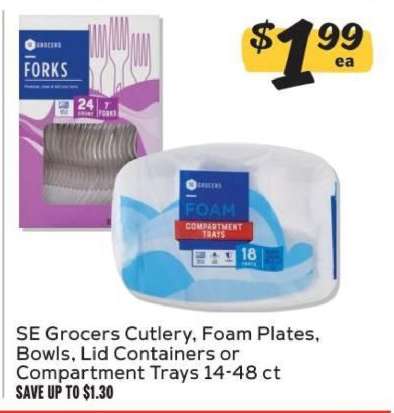 SE Grocers Cutlery, Foam Plates, Bowls, Lid Containers or Compartment Trays