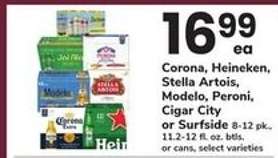 Corona, Heineken, Stella Artois, Modelo, Peroni, Cigar City or Surfside