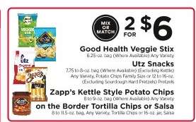 Good Health Veggie Stix, Utz Snacks, Zapp’s Kettle Style Potato Chips, on the Border Tortilla Chips or Salsa