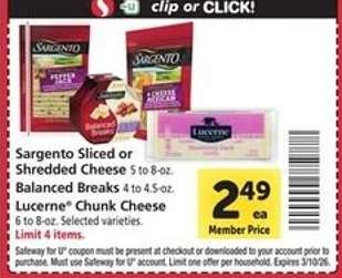 Sargento Sliced or Shredded Cheese, Balanced Breaks, Lucerne Chunk Cheese