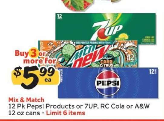 12 Pk Pepsi Products or 7UP, RC Cola or A&W