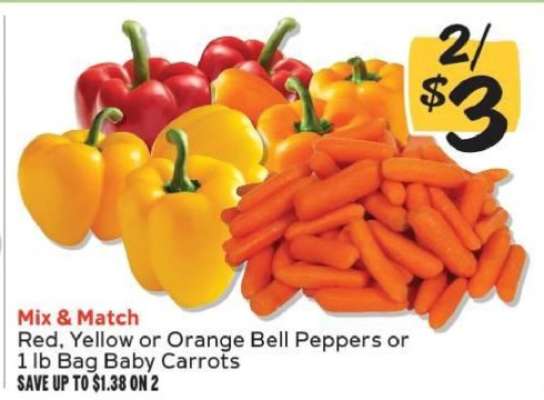 Red, Yellow or Orange Bell Peppers or 1 lb Bag Baby Carrots