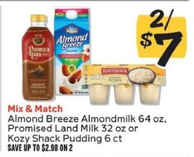 Almond Breeze Almondmilk 64 oz, Promised Land Milk 32 oz or Kozy Shack Pudding 6 ct