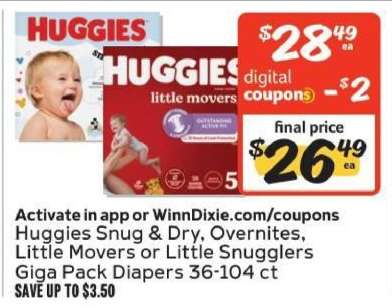 Huggies Snug & Dry, Overnites, Little Movers or Little Snugglers Giga Pack Diapers
