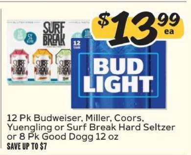 Budweiser, Miller, Coors, Yuengling, Surf Break Hard Seltzer, Good Dogg