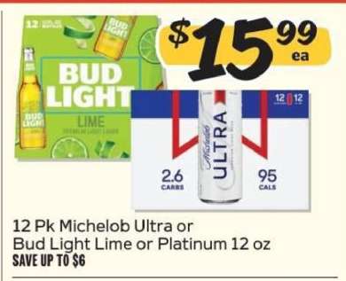 12 Pk Michelob Ultra or Bud Light Lime or Platinum 12 oz