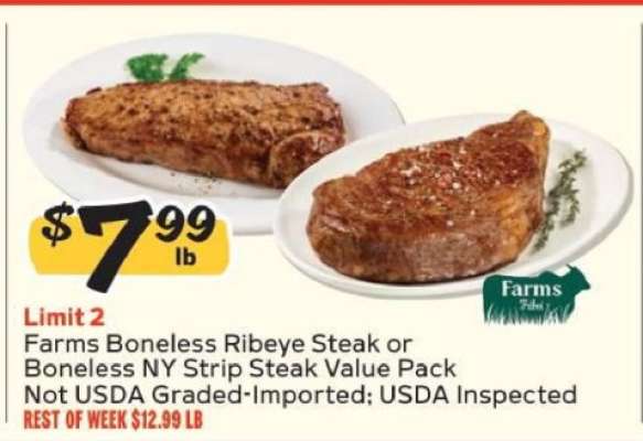 Farms Boneless Ribeye Steak or Boneless NY Strip Steak Value Pack