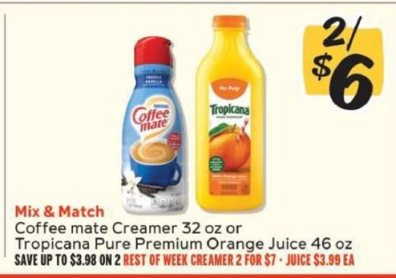 Coffee mate Creamer 32 oz or Tropicana Pure Premium Orange Juice 46 oz