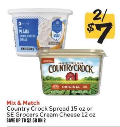 Country Crock Spread or SE Grocers Cream Cheese