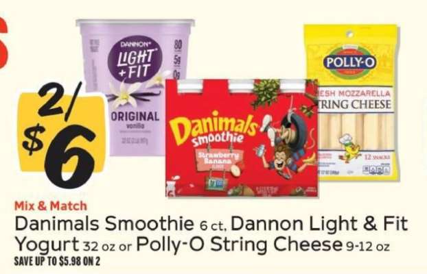 Danimals Smoothie, Dannon Light & Fit Yogurt, Polly-O String Cheese