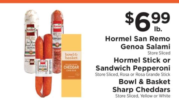 Hormel San Remo Genoa Salami, Hormel Stick or Sandwich Pepperoni, Bowl & Basket Sharp Cheddars