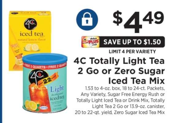 4C Totally Light Tea 2 Go or Zero Sugar Iced Tea Mix