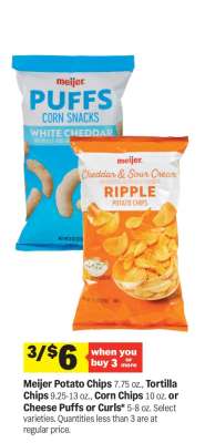 Meijer Potato Chips, Tortilla Chips, Corn Chips, Cheese Puffs or Curls