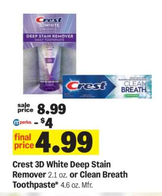 Crest 3D White Deep Stain Remover or Clean Breath Toothpaste