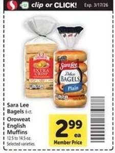 Sara Lee Bagels 6 ct. or Oroweat English Muffins