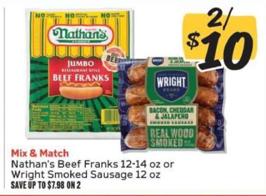 Nathan's Beef Franks or Wright Smoked Sausage
