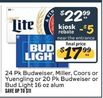 24 Pk Budweiser, Miller, Coors or Yuengling or 20 Pk Budweiser or Bud Light 16 oz alum
