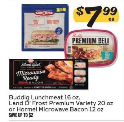 Buddig Lunchmeat, Land O' Frost Premium Variety, Hormel Microwave Bacon